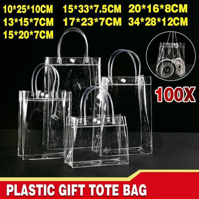 100x PVC Transparent Gift Tote Bag with Snap Button for Packaging - 34*28*12cm