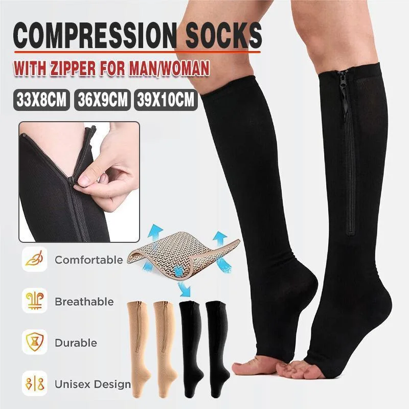 Zip Sox Compression Socks Zipper Leg Support Knee Open Toe Shaper Stockings Beige - XXL