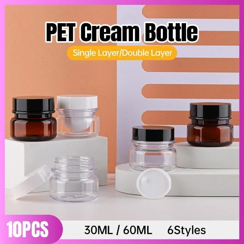 10pcs PET Plastic Cosmetic Bottles Refillable Travel Face Cream Containers - 30ml-Brown+White-Double
