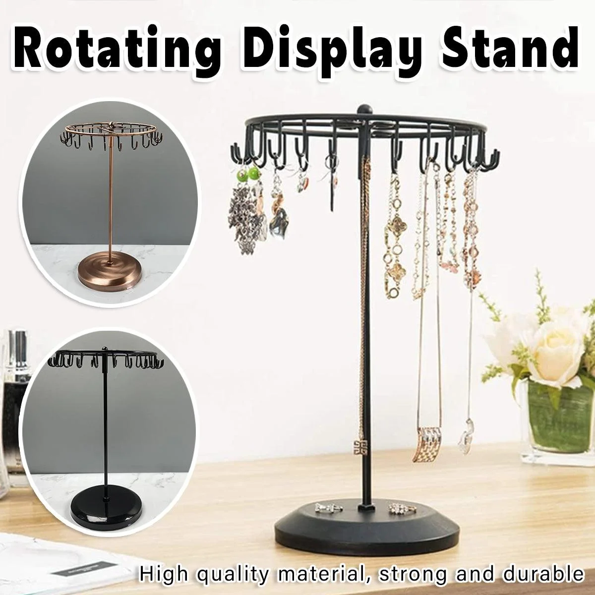 Iron Jewellery Rack Rotating Necklace Display Stand Jewellery Organiser Storage - Black