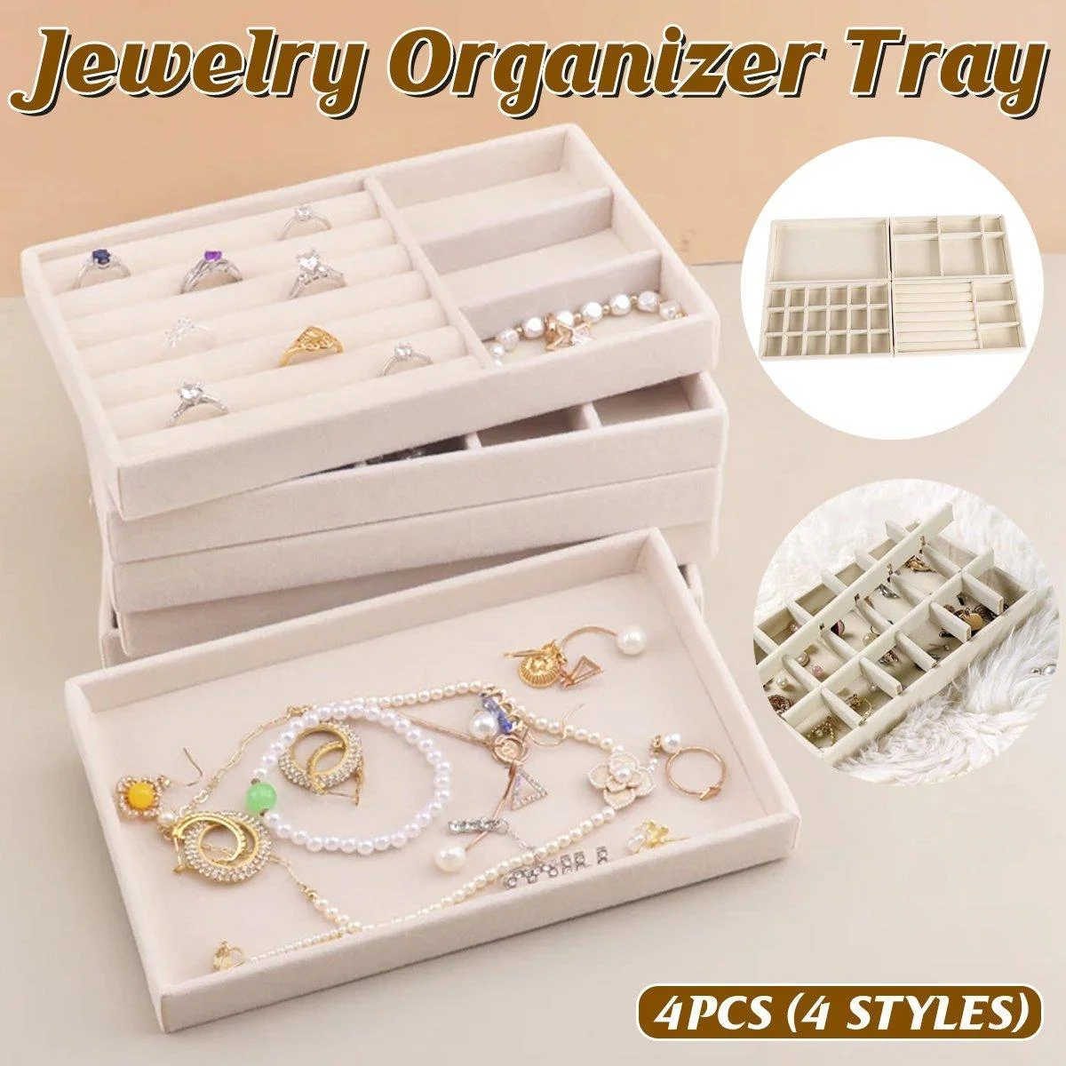 4PCS Flannel Jewelry Storage Trays Necklace Ring Earrings Organizer