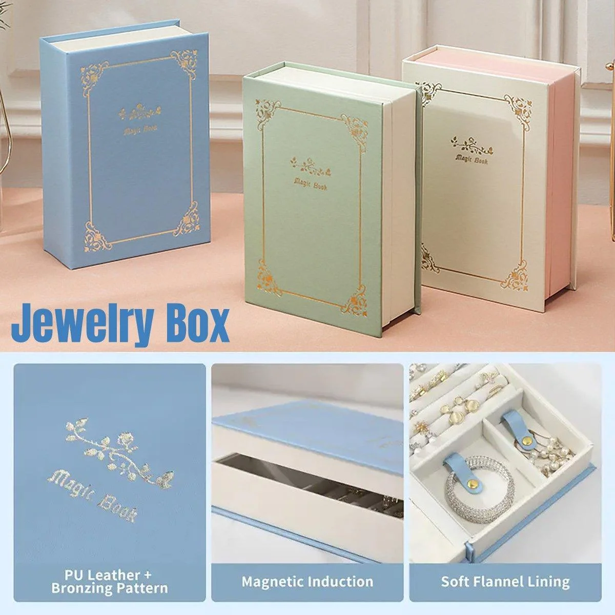 Creative PU Leather Jewelry Box Book Earrings Rings Necklace Organizer Holder - White
