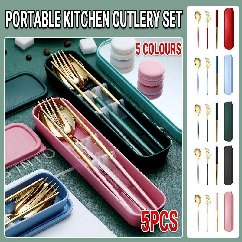 5PC Stainless Steel Portable Cutlery Set - Fork Spoon for Travel & Picnic - Green