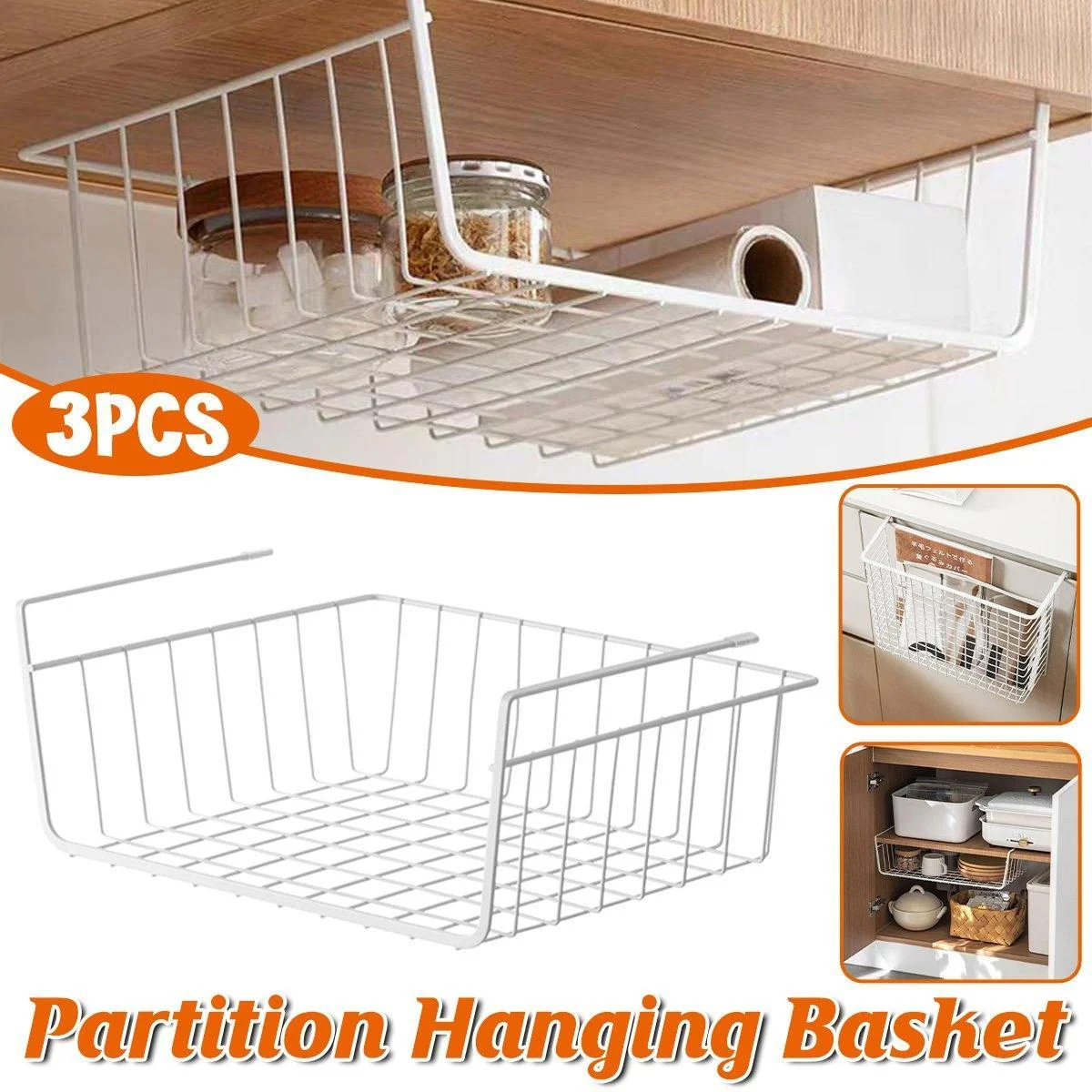 3PCS Hanging Storage Basket Rack Organizer Kitchen Wardrobe Shelf Cabinet Basket