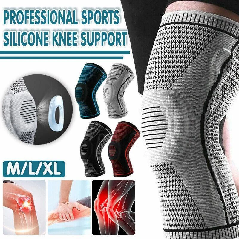 Grey Knee Brace Knee Compression Sleeve Professional Sports Silicone Knee Support - L