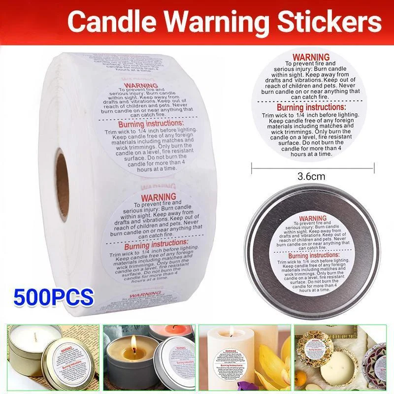 500PCS Candle Warning Labels Roll Round Stickers for Jars Wax Melts Containers