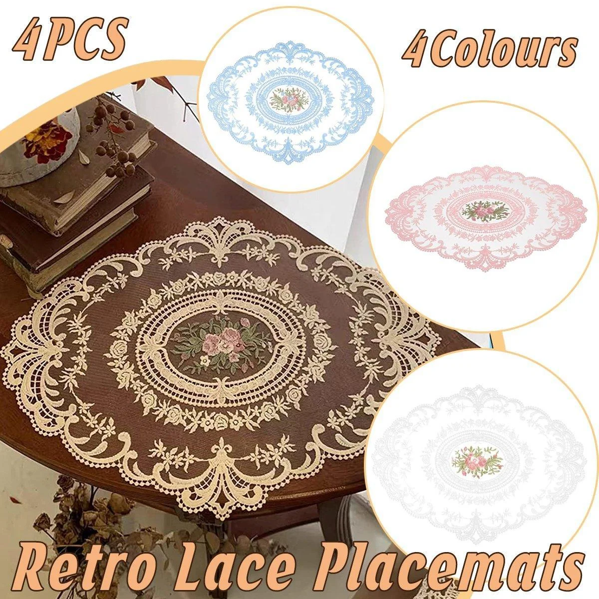 4 Pack Retro Lace Oval Placemats 31x42cm French Crochet Doilies 4 Colors Set - Sky Blue