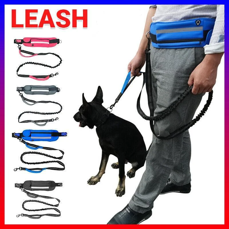 Hands Free Dog Leash Adjustable Lead with Waist Belt Bag for Walking Jogging Running - Black+Pink