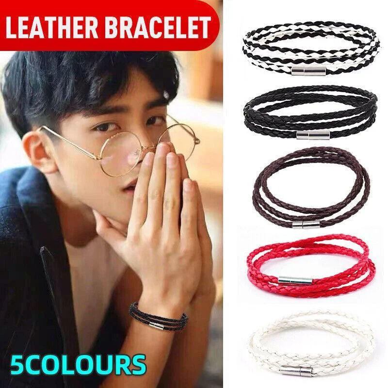 1Pc New Fashion Men Women Three Laps Pu Leather Bracelet Wristband Bangle Punk - Black