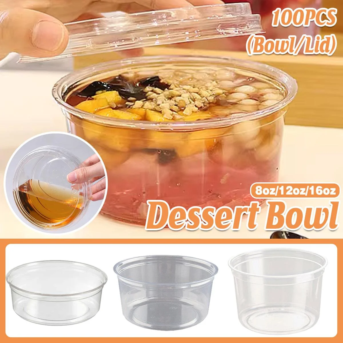 100PCS Transparent Packing Box Plastic Dessert Bowl Food Container - Lid