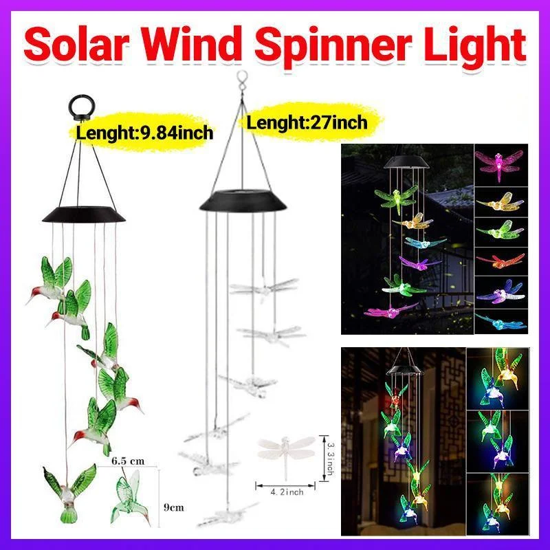 Wind Chimes Solar Powered Led Lights Changing Hanging Garden Yard Outdoor Decor - Dragonfly