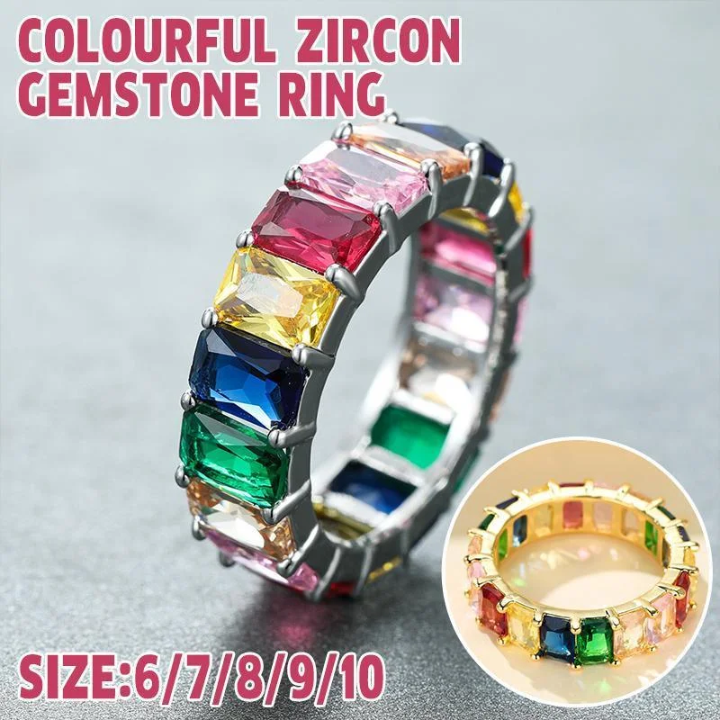 Rainbow Zircon Gemstone Ring Women's Stainless Steel Colourful Ring Size 6-10 - Silver-Multicolor-6
