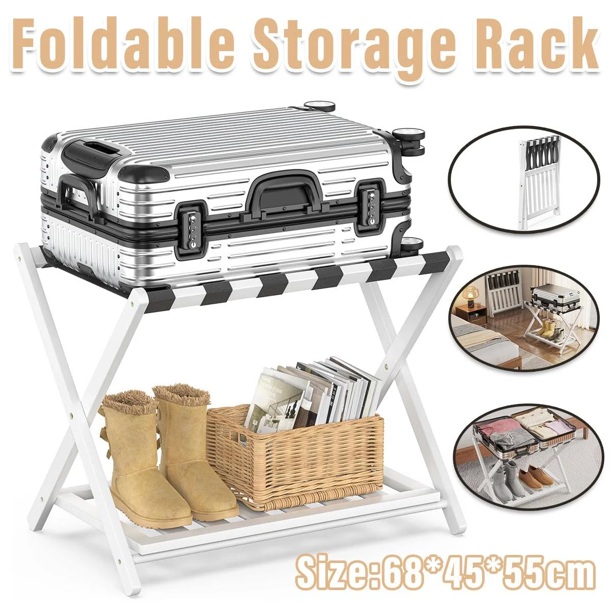 Foldable Luggage Rack Stand Portable Black Storage Shelf for Bedroom Travel