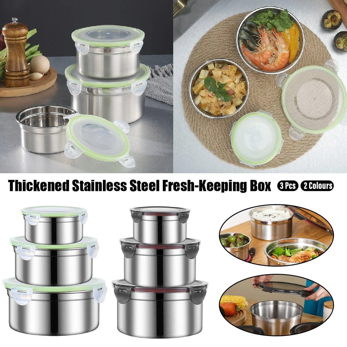 3PCS Stainless Steel Sealed Crisper Storage Box with Lid Round Food Lunch Box - Black