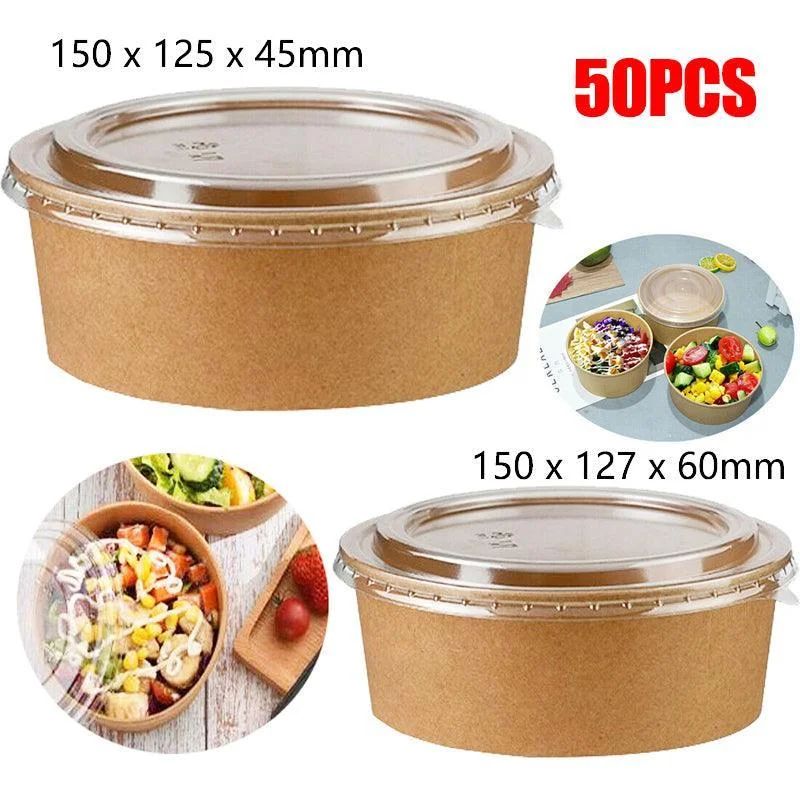 Take Away Kraft Paper Salad Bowl Food Grade Takeout Tableware Food Bowl With Lid - 50PCS-500ML