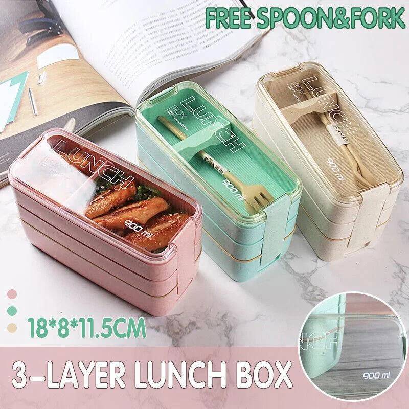 Lunch Box 3-Layer Bento Food Container 900ml with Spoon Fork Portable Student Use - Green