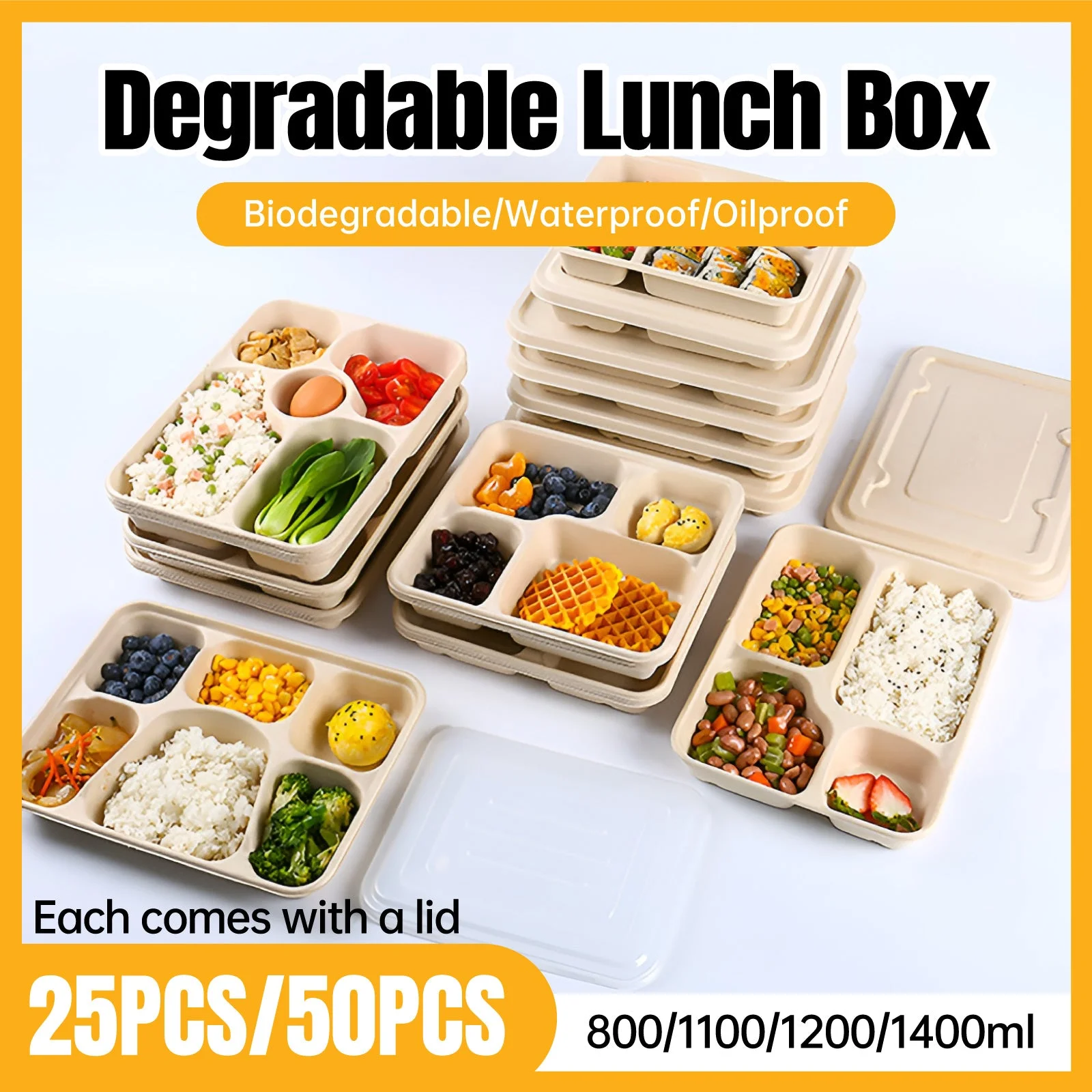 25/50pcs Biodegradable Lunch Box Microwaveable Tray with Compartment Paper Lid - 800ml-50pcs