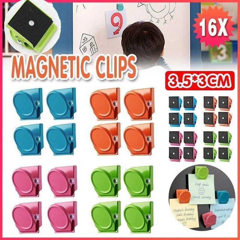 16 Magnetic Clips Fridge Strong Magnet Metal Clamp Note Photo Hanger Holder Hook