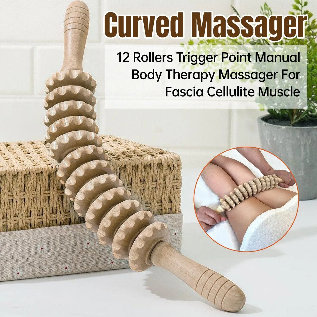 Wooden 12Roller Massage Stick Meridian Therapy Neck Back Thigh Muscle Relaxation