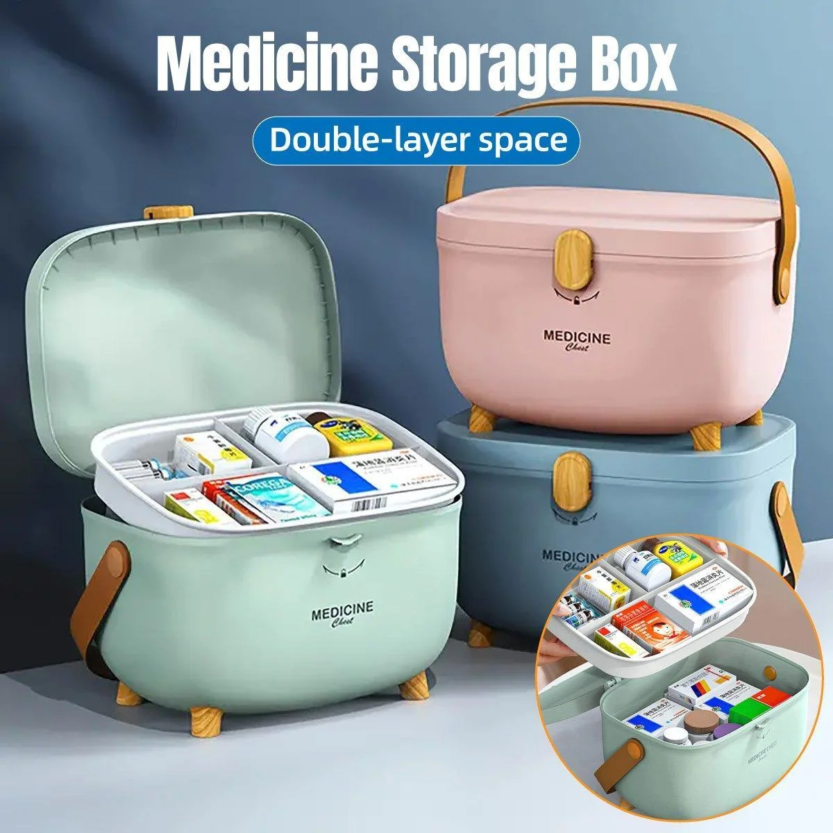 2 Layer Portable First Aid Kit Emergency Medicine Chest Organizer Storage Box - Blue