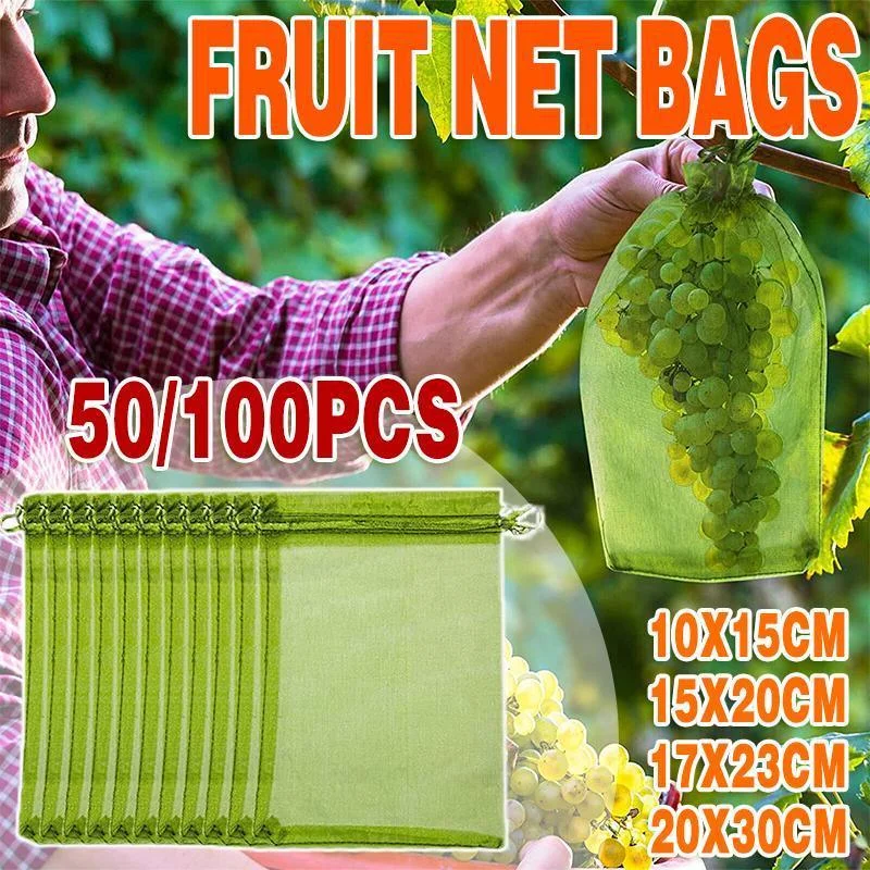 50/100PCS Garden Fruit Protection Net Bags Insect Proof Drawstring Mesh Organza - 50Pcs 10x15cm