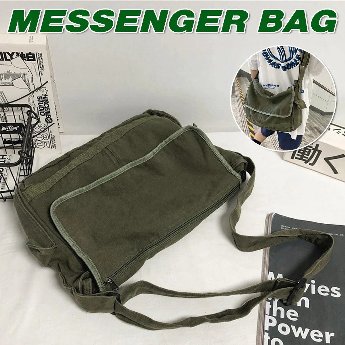 Green Messenger Shoulder Bag for Men Women Casual Work Travel and Daily Use