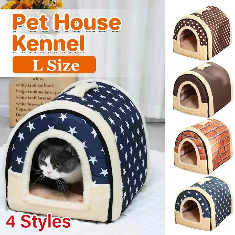 L Size Pet House Kennel Soft Igloo Beds Cave Cat Puppy Bed Warm Cushion Fold - Brick