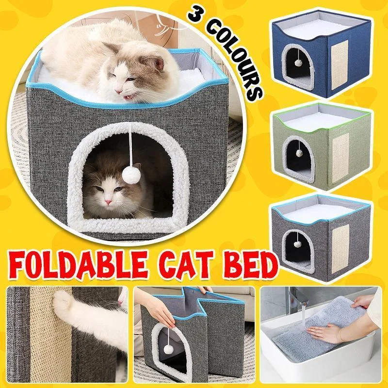 Foldable Pet Cat Calming Bed Hideaway Interactive House Nest Scratching Board - Light Green