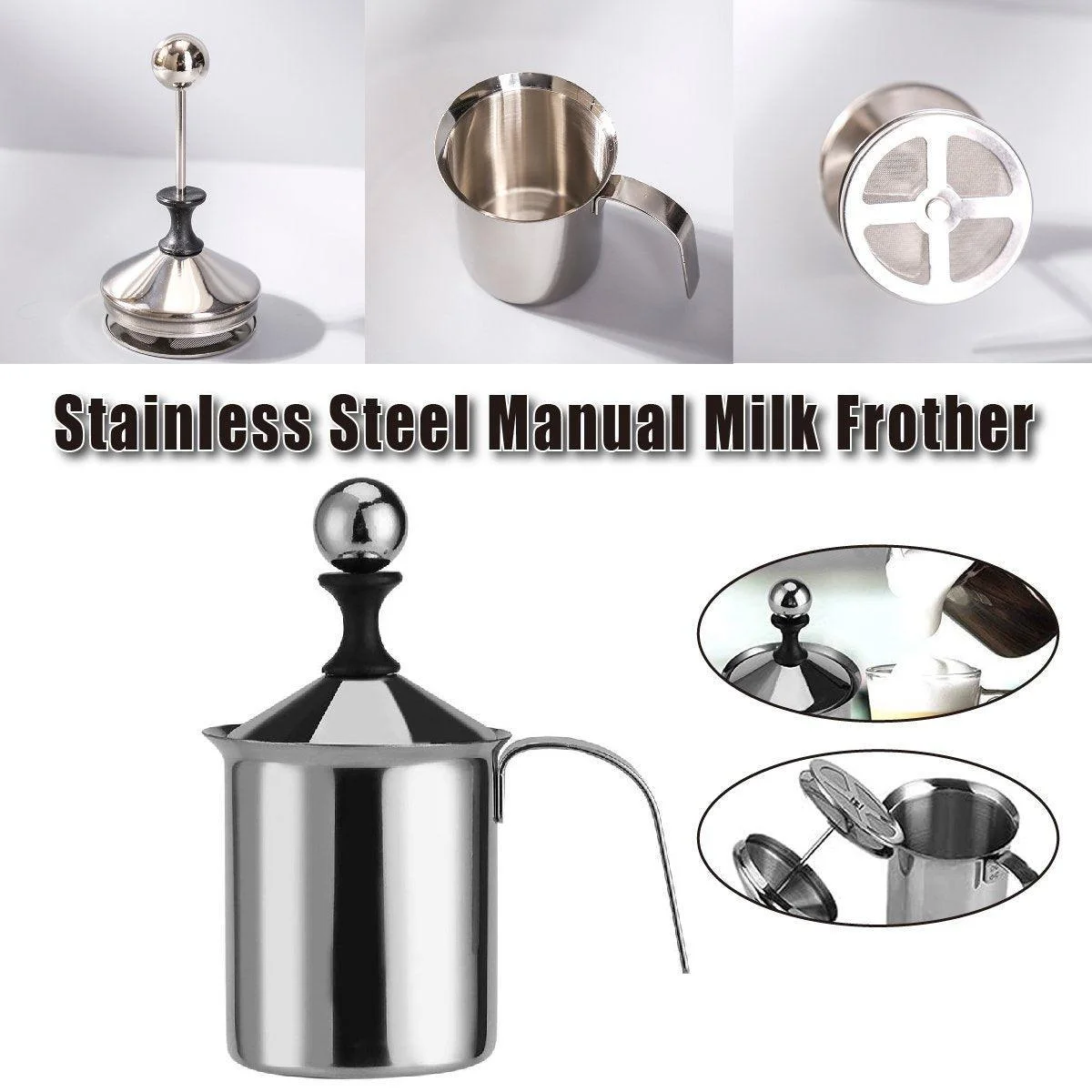 400ml Stainless Steel Manual Milk Frother Double Mesh Strainer Frothing Pitcher