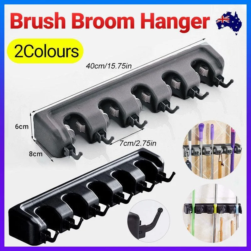 Broom Hanger Mop Holder Wall Mounted Brush Storage Rack Organizer Kitchen Tool - Grey