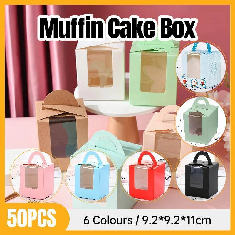 50 Pack Premium Cupcake Boxes with Window Thickened Cardboard Muffin Holders - Pink