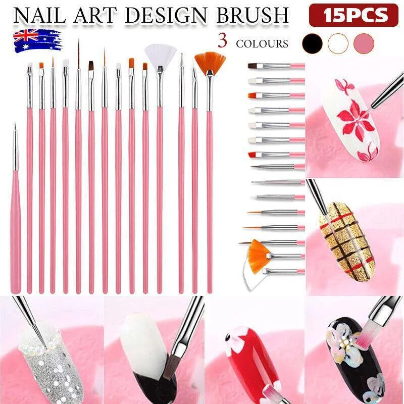 Nail Art Design Brushes Dotting Pen Tool Set Painting Uv Gel Drawing Brush 15Pcs - Black
