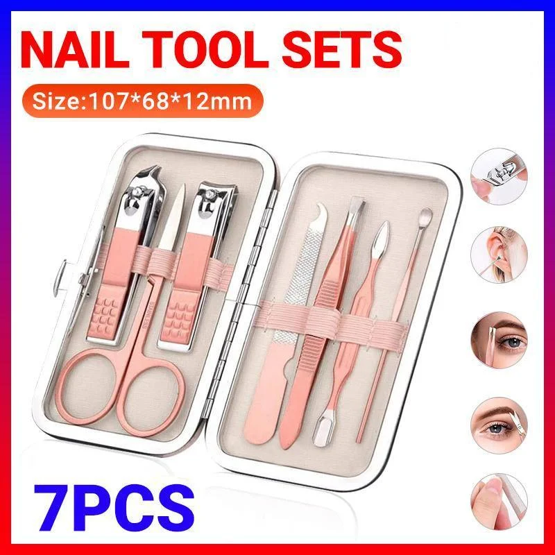 7PCS Manicure Pedicure Set Stainless Nail Clippers Kit Cuticle Grooming Case