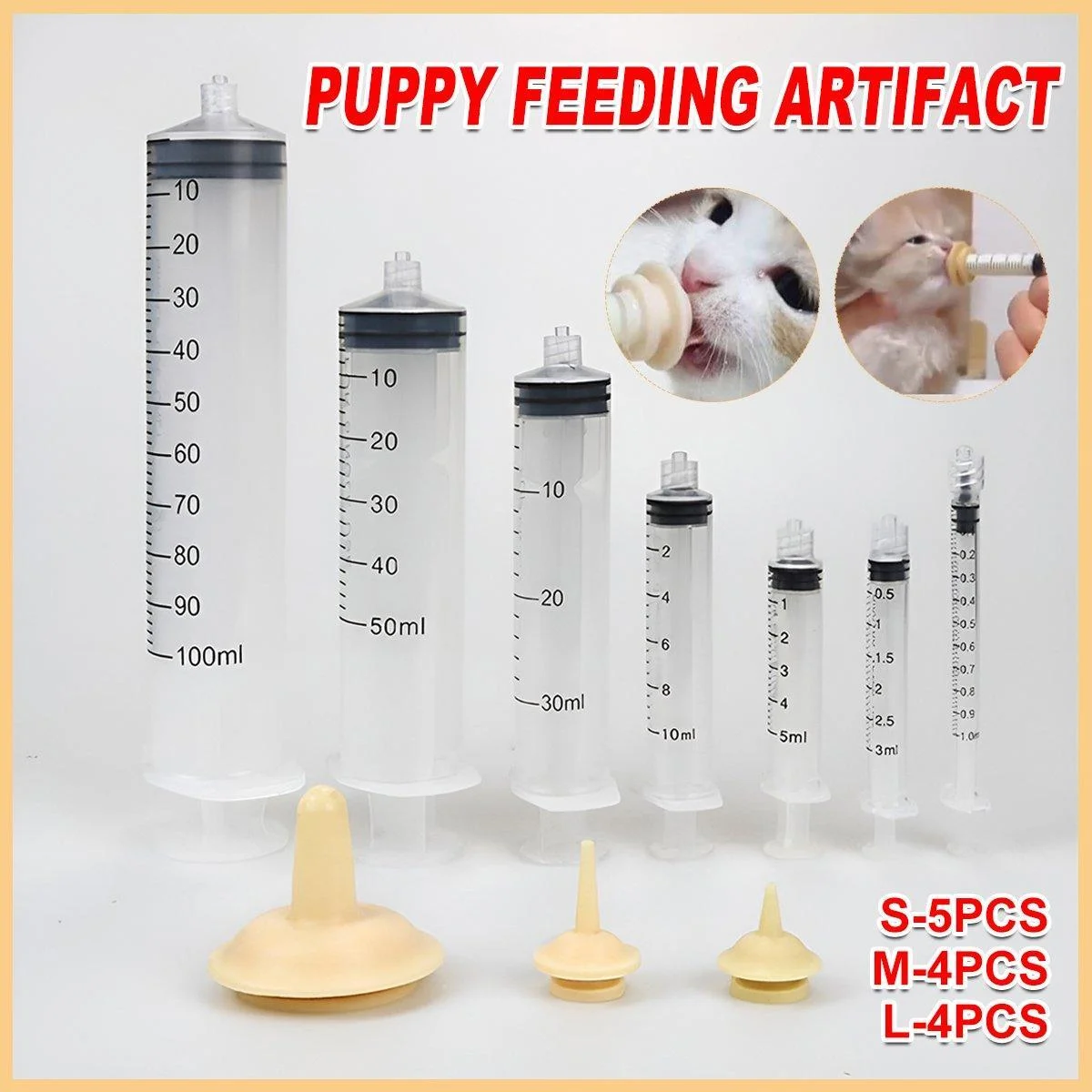 Kitten Puppy Pet Feeding Syringe Feeder Cat Dog Nursing Bottle with Pacifier - L-4PCS