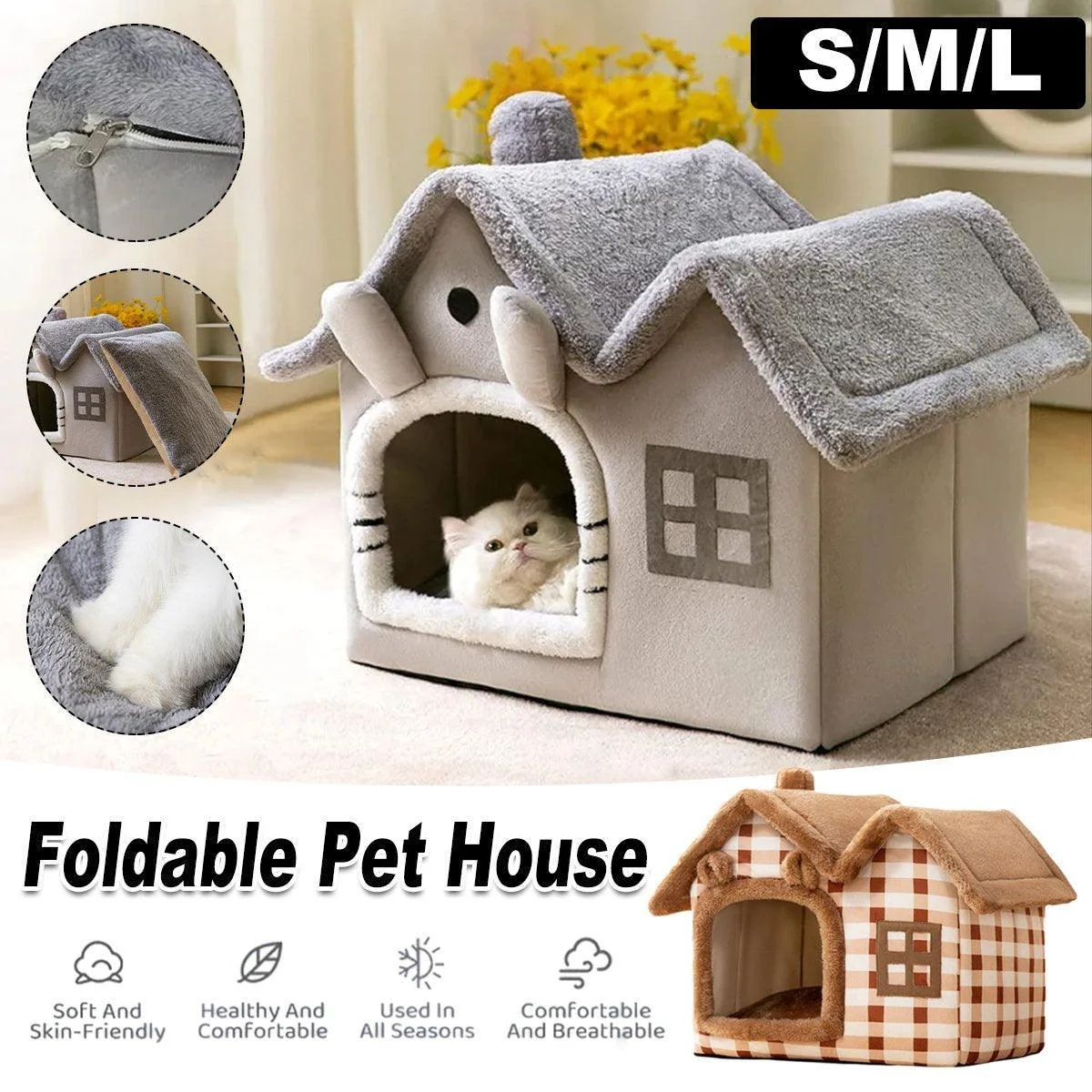 Removable Washable Pet House Four Seasons Cat Enclosed House - Grey-S