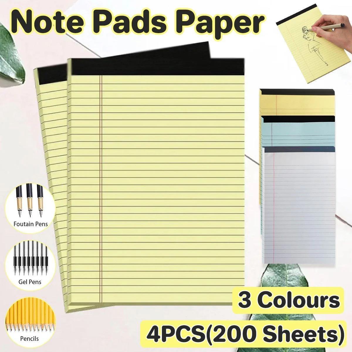 4PCS Tearable Lined Notepad Simple Design Colourful Memo Pad Notebook - White