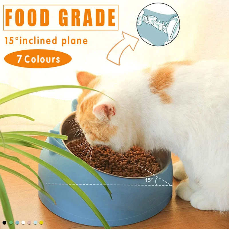 Pet Dog Cat Food Bowl Raised No Slip Stainless Steel Tilted Water Food Feeder - White