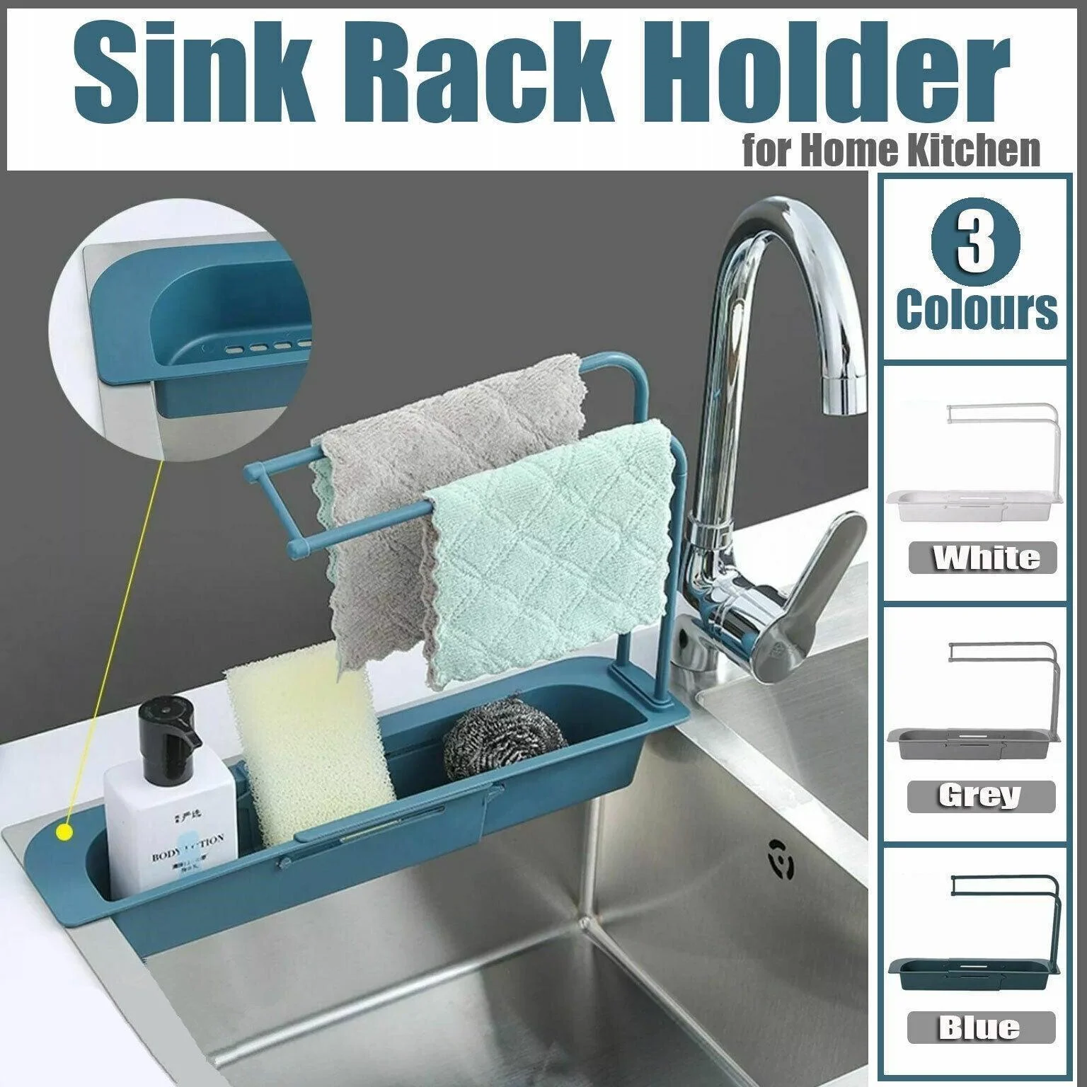 Telescopic Sink Rack Holder Expandable Storage Drain Basket Home Kitchen Kit - Grey