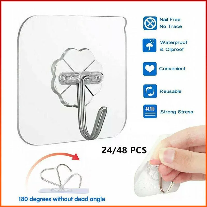 24-48Pcs Clear Seamless Adhesive Hook Strong Stick Wall Hook Load Kitchen Hanger - 24 PCS