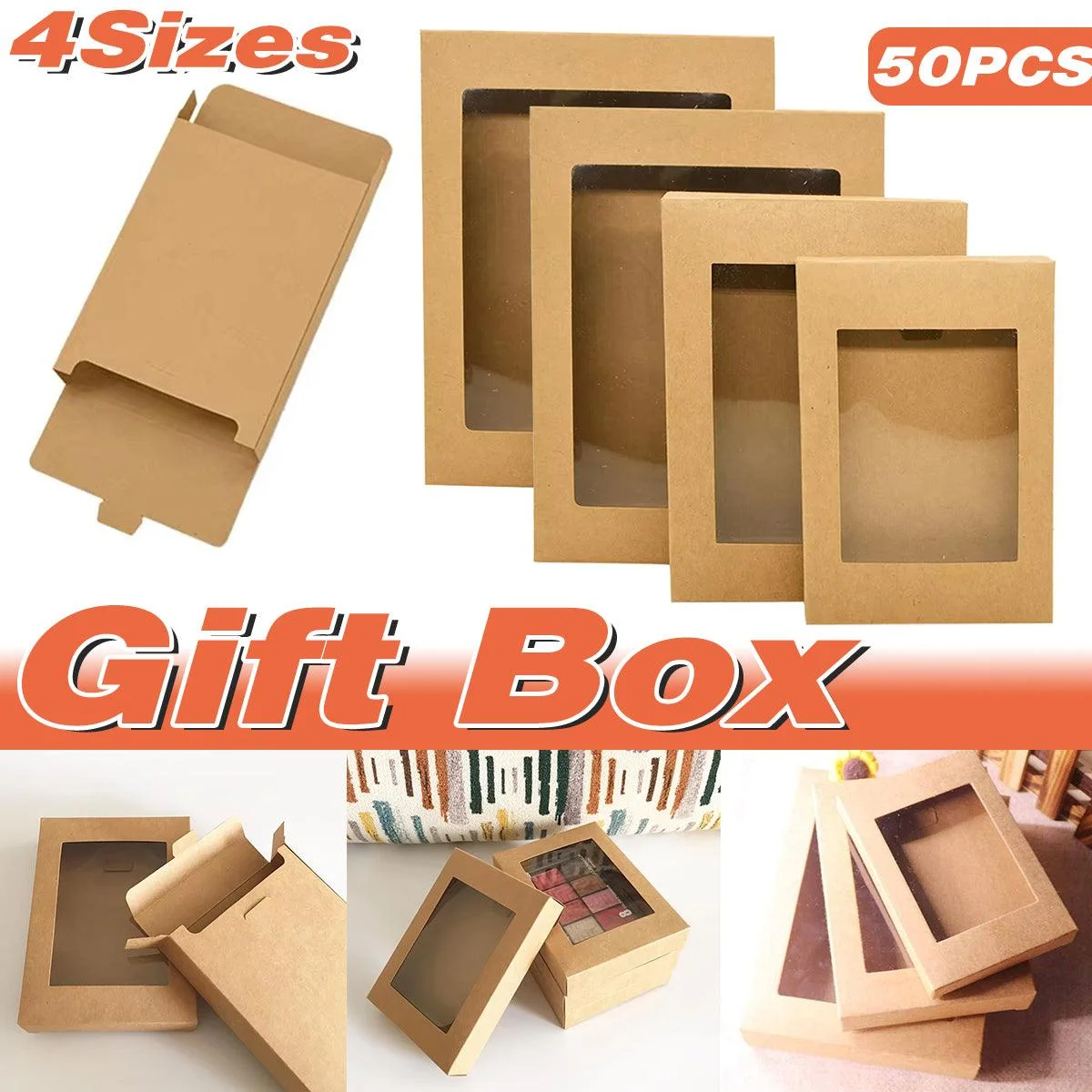 50PCS Kraft Paper Gift Boxes with PVC Window White Black Bakery Packaging Carton - L