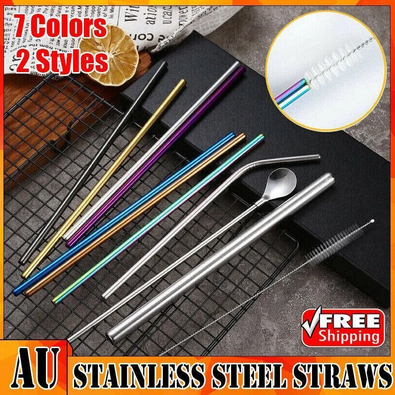 Reusable 304 Stainless Steel Straws Metal Drinking Washable Straw Brushes Set 2 - Rose Gold Set 2