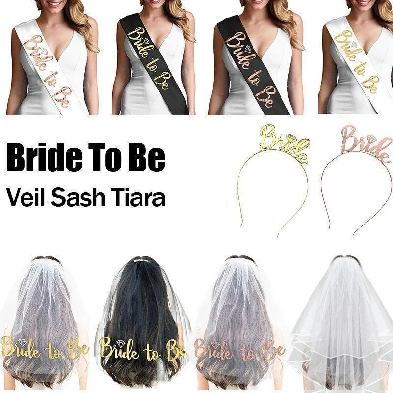 Bride To Be Hen Veil Sash Tiara Hens Night Bridal Shower Kitchen Tea Accessories - Package 5