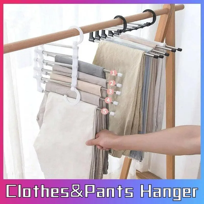5 in 1 Stainless-Steel Pants Rack Hanger Wardrobe Shelves Magic Multi-Functional Black - 1PC