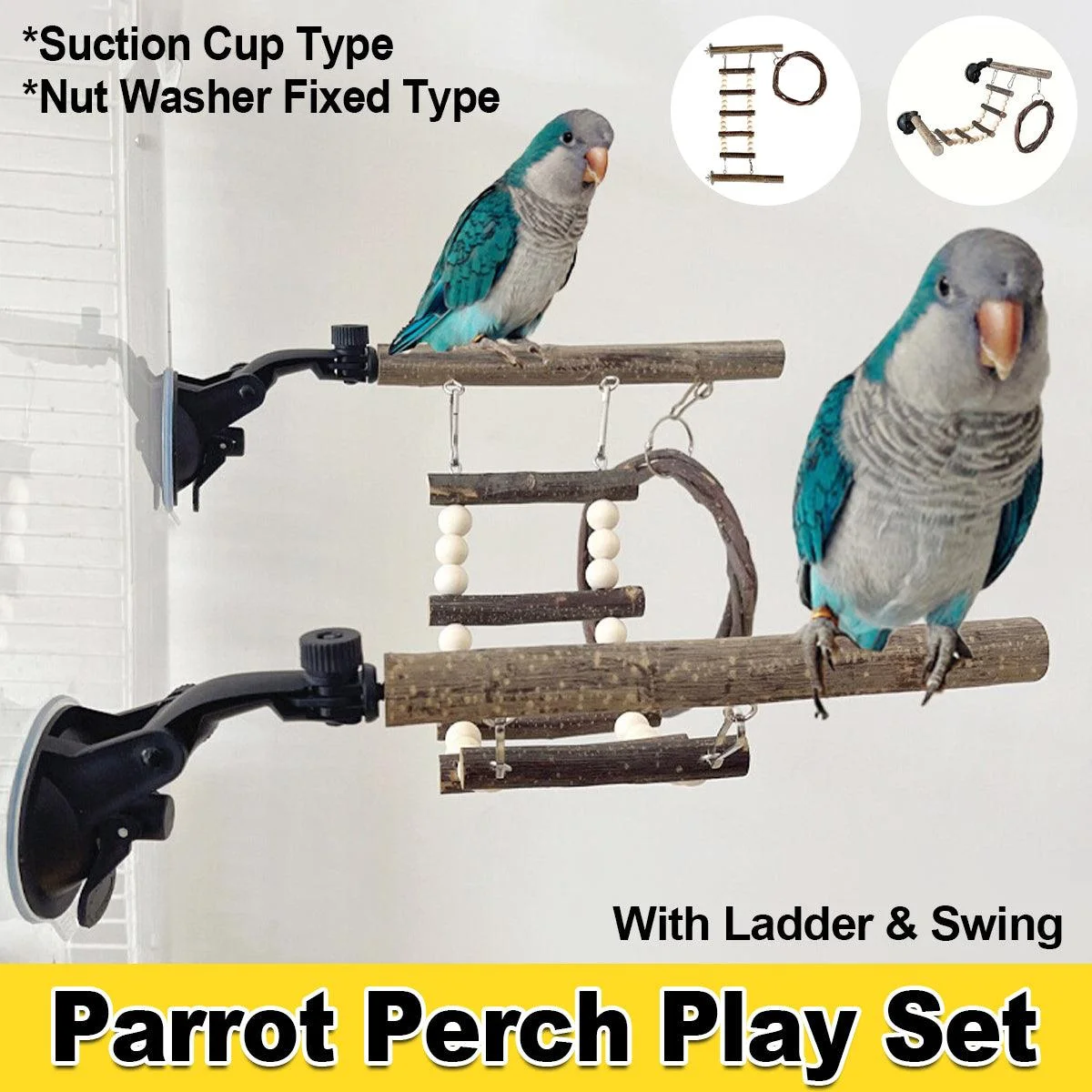 Wooden Parrot Stand Climbing Ladder Swing Toy for Birds Cage Play Accessories - Nut Washer Fixed Type