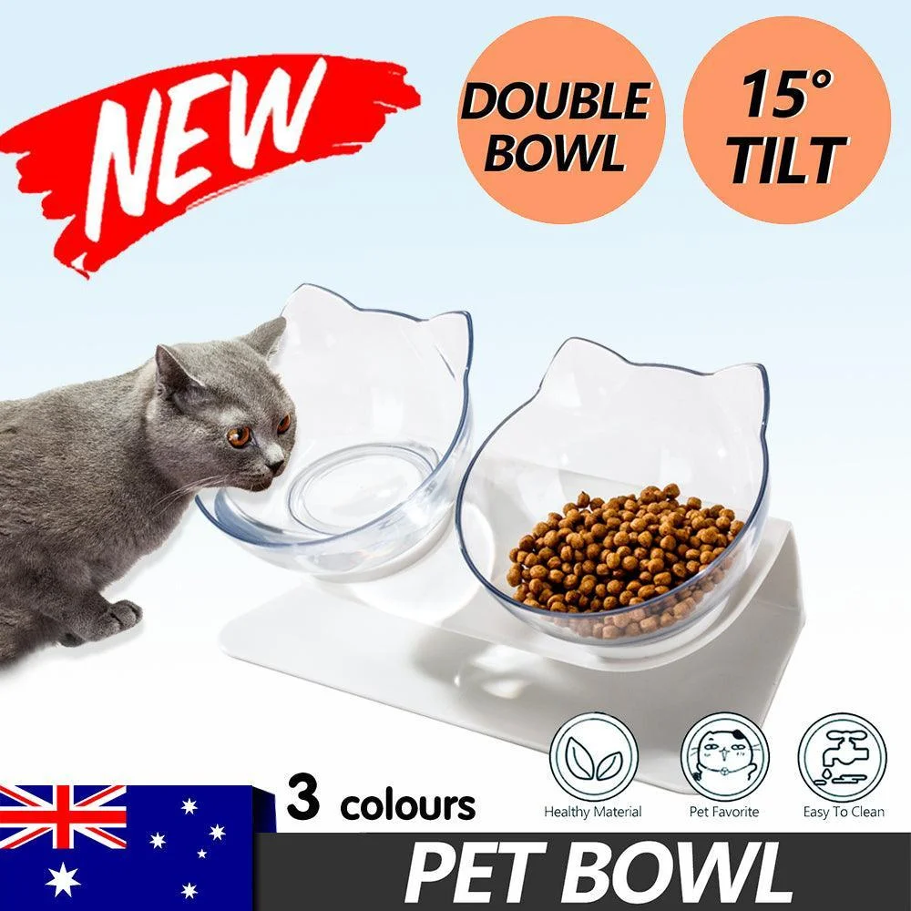 Double Cat Dog Bowl Elevated Pet Feeder Stand Raised Food Water Feeding Dish - Black+Transparency