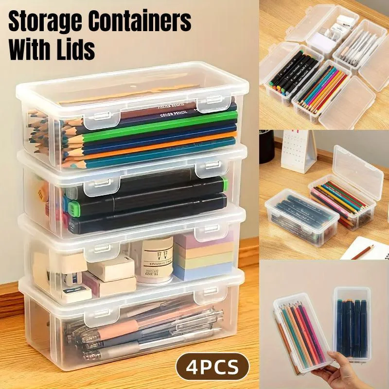 Transparent Stationery Organiser Box with Lid Pencil Pen Case Holder 4pcs Set