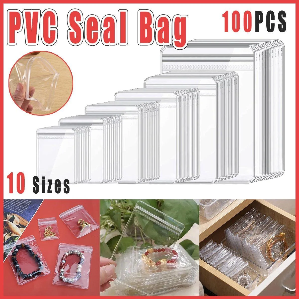 100pcs PVC Self-Sealing Jewelry Bags Anti-Oxidation Storage Dustproof Bags - 6*8cm