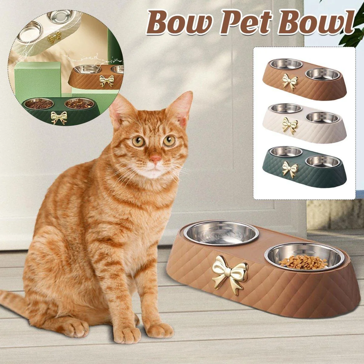 Stainless Steel Double Pet Bowl Non-Slip Anti-Knock Dog Cat Feeder Utensils - White