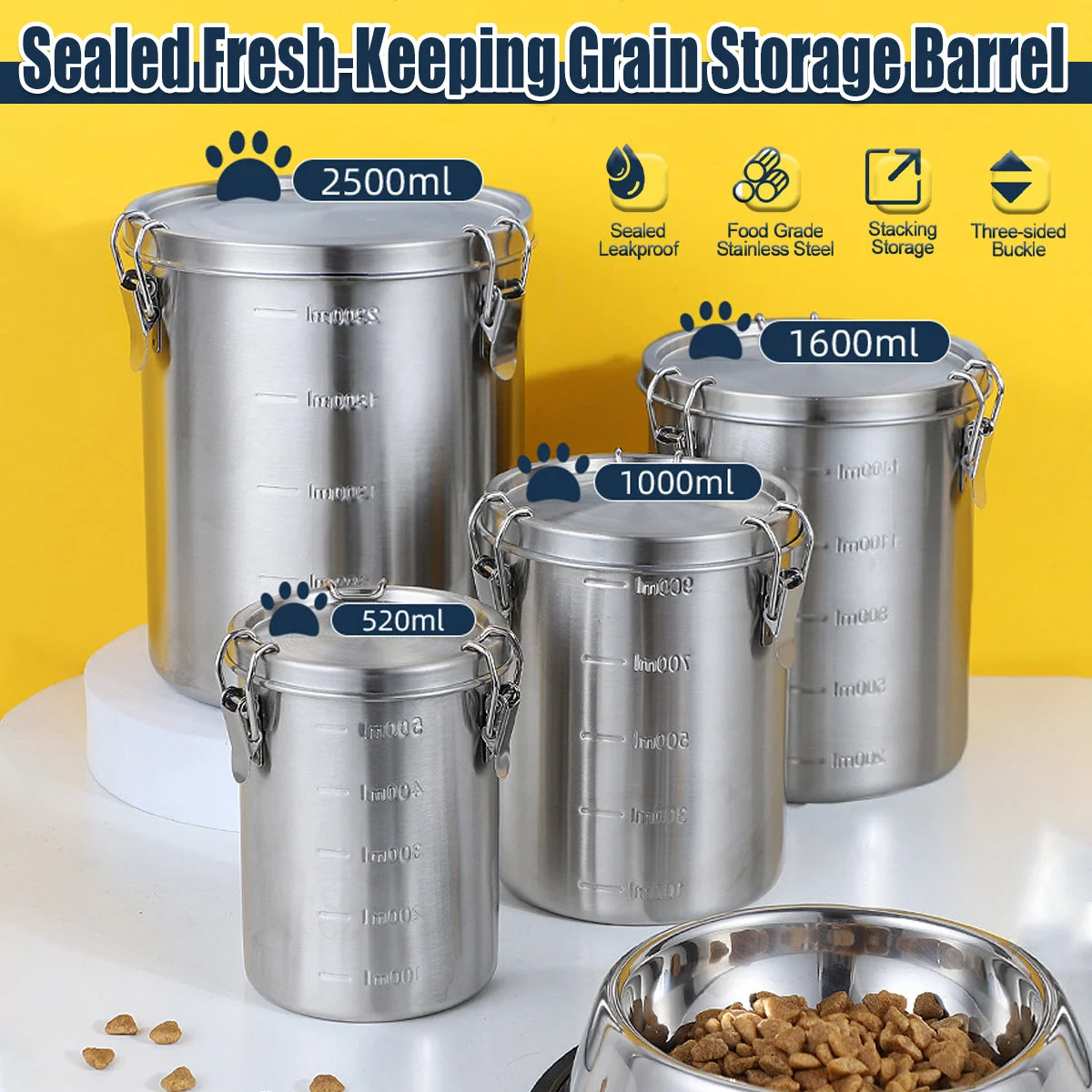 Stainless Steel Pet Food Storage Bucket Dog Cat Grain Container Bin Kitchen - 1600ml