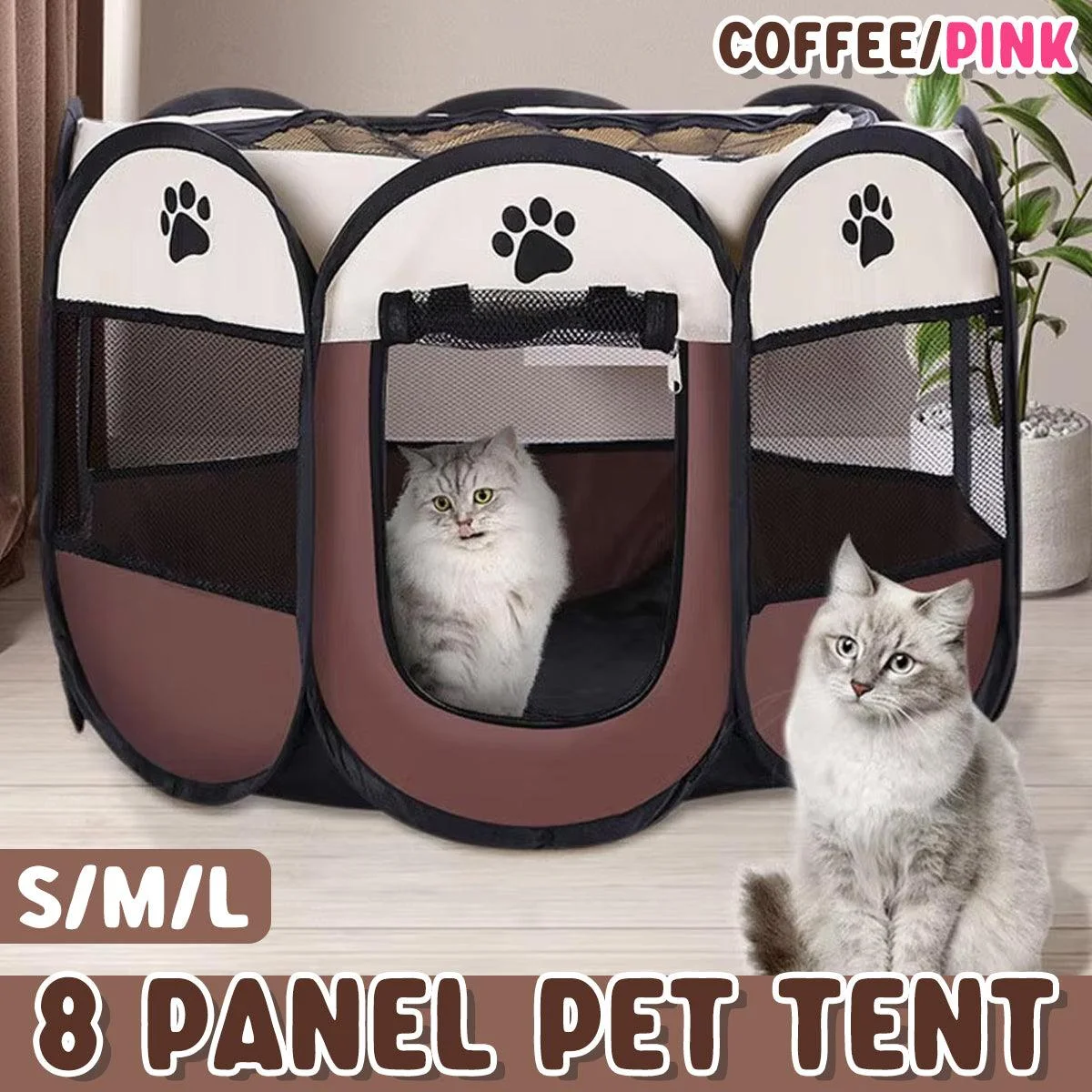 Pet Fence Indoor Cat Dog Tent Octagonal Fence Portable Foldable Cage Kennel - L-Coffee